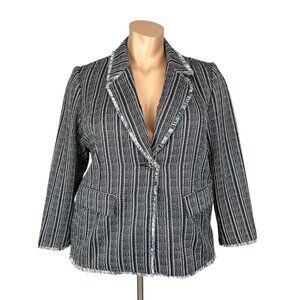 Chicos Womens Plus Petite Striped Tweed Blazer Navy Blue Fringe size 16P 18P